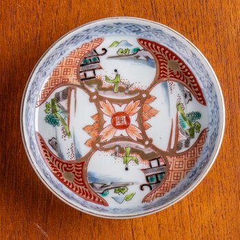 大聖寺伊万里 染錦 立雛山水文四寸皿 明治時代 E1220Fの画像