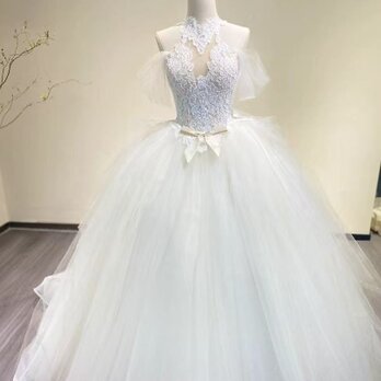 ウェディングドレス ホルターネック オフショルダー プリンセスライン 美しい花レース 結婚式の画像