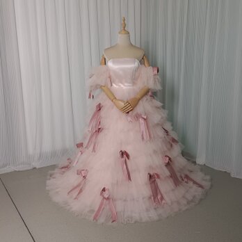 美品！カラードレス ピンク ベアトップ フリル袖 ボリュームドレス リボン 編み上げ 前撮りの画像