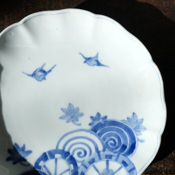 【特価¥2800→¥2200】鳥と楓◆伊万里　染付八寸皿　大皿　骨董・antiques 丁寧な暮らしに。 古道具　明治〜大正期の画像