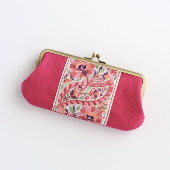 インド刺繍リボンのがま口ポーチ/ペンケース　ピンクの画像