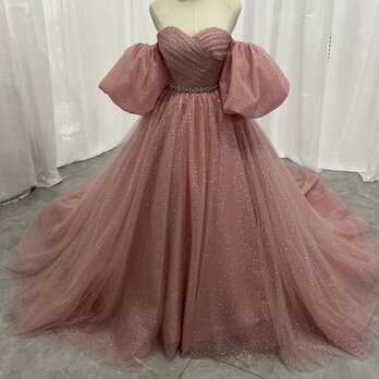 美品！カラードレス ピンク  パフスリーブ ベルト キラキラグリッターチュール 編み上げ 披露宴/結婚式の画像