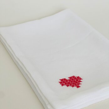 【リネンハンカチ】白麻大きめ / ハート刺繍の画像