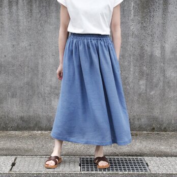 【即納】さらりと軽やか、リネンのナチュラルな風合い ハーフリネン ダブルガーゼのギャザースカート（スモークブルー）