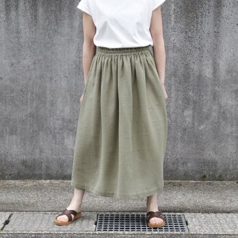 【即納】さらりと軽やか、リネンのナチュラルな風合い ハーフリネン ダブルガーゼのギャザースカート（グリーン）