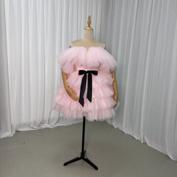 カラードレス ミニドレス ピンク ビスチェタイプ リボン 可愛い 披露宴/結婚式 抜群のおしゃれ見えの画像