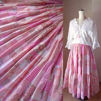 絵画なパッチワーク♥pink♥超ボリューム♥ティアードギャザースカート♥マキシ丈の画像