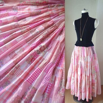♥お盆セール！！♥絵画なパッチワーク♥pink♥超ボリューム♥ティアードギャザースカート♥マキシ丈