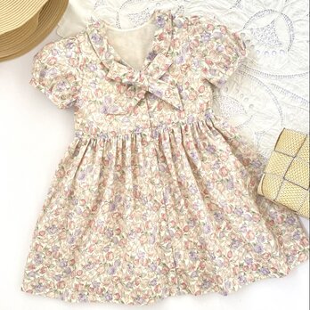 【即納】ボウタイリボン付きワンピース　チューリップ　ピンク　半袖　パフスリーブ　ボタン前開き　可愛い　上品　襟　7Y120130の画像