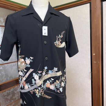 黒留袖リメイクアロハシャツ伝統着物ーM寸！の画像