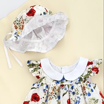 【限定・即納】リバーシブル帽子　チューリップハット　サイズ調整可　レース　ボタニカル　花柄　植物　刺繍　キッズ　園児〜小学生の画像