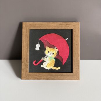 ［複製画］和紙ちぎり絵アートプリント（無料ラッピング付）『梅雨空とネコ』てるてる坊主に赤い雨傘、三毛猫の小さなウォールデコ