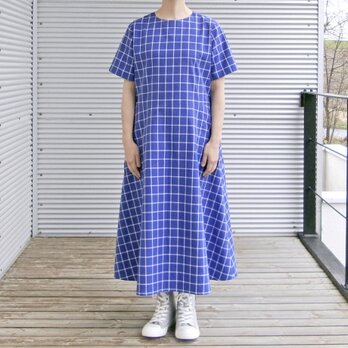 国産コットン＊爽やかウィンドウペンチェックのフレアワンピース（オックスフォード生地・青×白チェック）受注製作