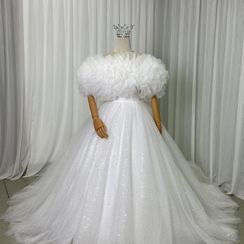 豪華！ウエディングドレス キラキラグリッターチュール オフショルダー ロングトレーン フランス風 結婚式の画像