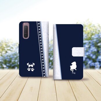 Android シンプル手帳型スマホケース（カメラ穴あり/はめ込みタイプ）【アイラブ・パグ（ネイビー）】の画像