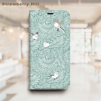ウィリアムモリス ✖️ シマエナガ ベルトなし 帯なし ベルトレス 手帳型 iPhone スマホ ケース カバーの画像