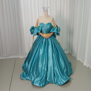 カラードレス ブルー ベアトップ 姫袖 ふっくら柔らかなバックリボン ロング 披露宴/結婚式 デザイン感の画像