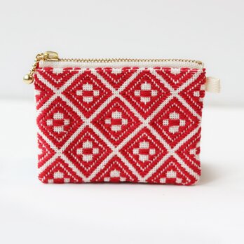New!【受注制作】mini大人のコンパクトポーチ/朱赤　こぎん刺し/刺し子/刺繍 シンプル　Sサイズの画像