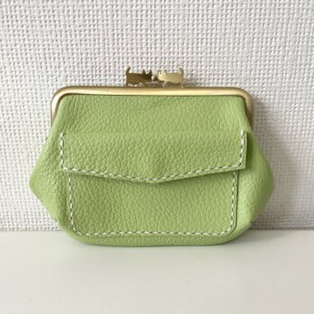 ぱかっと開くとお部屋が3つの親子がまぐち♪外ポッケが付いたダブルにゃんこ口金の四角い本革ミニ財布の画像