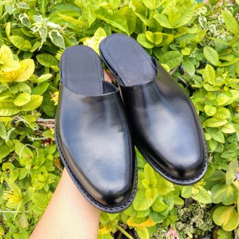「極めてシンプルなスリッパレザーサンダル」★無料サイズ調整★サイズ24.5cm~ 男女兼用　ブラックの画像