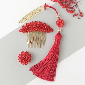 着物小物 3点セット 〔赤紅〕 ヘアコーム 帯留め 帯飾り つまみ細工 差し色 浴衣 和装 赤色 紅色 人気 茜色 秋