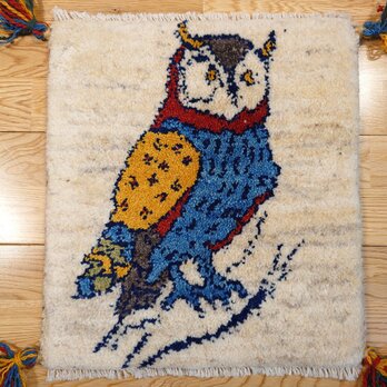 ペルシャ　ギャッベ　ミニマット　ラグ　36x39.5㎝　フクロウ　T5494の画像