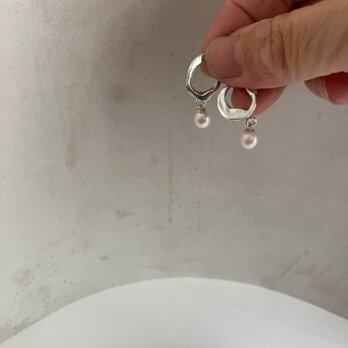 溶かした　silver950 フラット　サークルピアス　淡水パール　　シルバーピアス　パールピアス　デイリーユース　の画像
