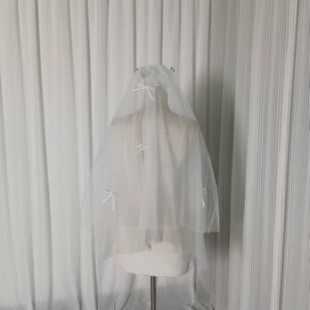 ショートベール パール リボン コーム付き オフホワイト 色直し 花嫁/ウェディングドレスの画像