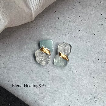 金継ぎピアス／イヤリング｜アクアマリン×ガーデンクォーツ｜天然石 一点もの 癒しのジュエリーの画像