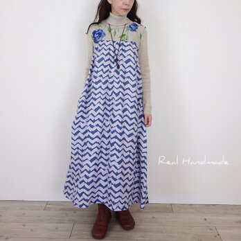 リネンの青波と花のワルツ・バックリボンワンピース