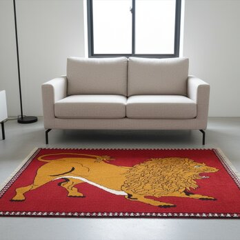ペルシャ オールドギャッベ　アマレバフト ラグ　127x83cm　ライオンギャッベ　茜色　黄金色　PS9365