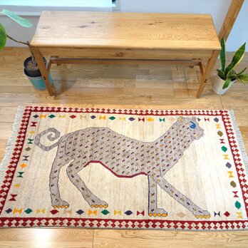 ペルシャ オールドギャッベ　アマレバフト ラグ　145x80cm　青い目のヒョウ　アイボリー　グレー　PS9826の画像