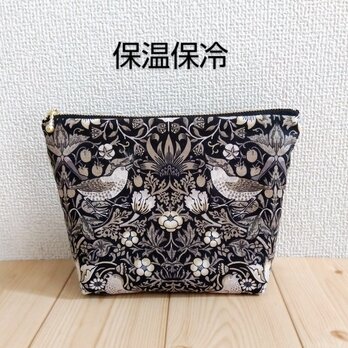 保温・保冷の洗えるポーチ　ウィリアムモリス　大きめ20cm　いちご泥棒　エボニー（黒）　 235の画像