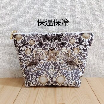保温・保冷の洗えるポーチ　ウィリアムモリス　大きめ20cm　いちご泥棒　エクリュベージュ（白）　　234の画像
