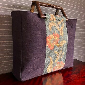 花柄八寸帯と無地紬の剥ぎ手提の画像
