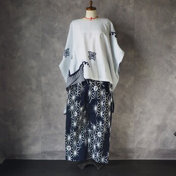 set0002 浴衣リメイク パンツ + ブラウス　セット販売  / 古布 着物 リメイク kimonoの画像