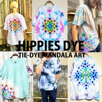 タイダイ Tシャツ XLサイズ 曼荼羅 ヘザーグレー ブルー段染め Hippies Dye HD24-16の画像