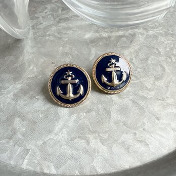 P667-ヴィンテージピアス U.S.A. 1980s Gold Tone Navy Enamel Paint Anchorの画像