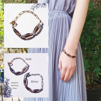 スモーキークォーツとサージカルステンレスチェーンのブレスレット ～木陰（こかげ）の画像