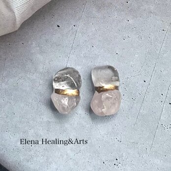 やさしさと静けさの中で — ガーデンクォーツ × ローズクォーツ 金継ぎピアス／イヤリングの画像