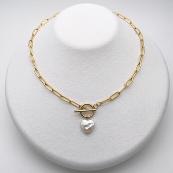 バロックパールのデザインネックレス ハート 淡水真珠 ゴールド系 ステンレスチェーン 18金メッキ 金属アレルギーのコピーの画像
