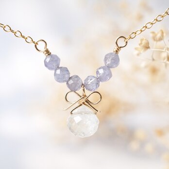 「勿忘草の花束」ネックレス タンザナイト ホワイトトパーズ リボン 天然石 誕生石 クリア ゴールド 14kgf