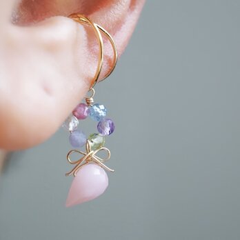 「紫陽花の花束」イヤーカフ 片耳 リボン 天然石 誕生石 パステル 春 梅雨 ピンク ゴールド プレゼント 14kgf