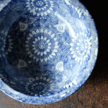 【特価¥3300→¥1800】線描き風で素敵◆瀬戸焼　花文印判鉢　碗　骨董/antiques　丁寧な暮らしに。明治〜大正期の画像