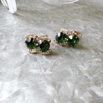 Y1127-ヴィンテージイヤリング 60s Emerald Green Cut Glass Clear Rhinestonesの画像