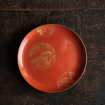 松竹梅の絵付け◆古輪島塗　松竹梅文漆芸沈金中皿　漆器　骨董/antiques 古民家　時代物　大正期 i1の画像