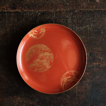 松竹梅の絵付け◆古輪島塗　松竹梅文漆芸沈金中皿　漆器　骨董/antiques 古民家　時代物　大正期 i2の画像