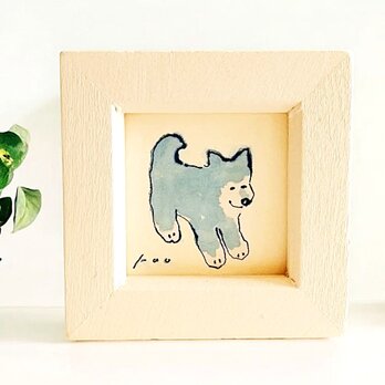 手の平サイズの小さな犬の絵｜原画　※木製ミニ額縁入りの画像