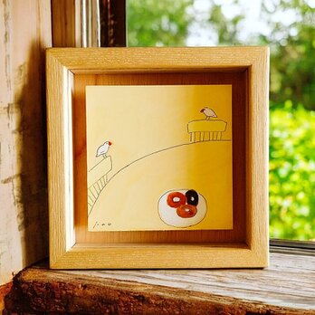 やさしい気持ちになる文鳥の絵｜原画「おやつの時間」※ボックス額縁入り　の画像
