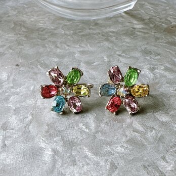 Y1129-ヴィンテージイヤリング U.S.A. Multi Color Rhinestones Silver Toneの画像